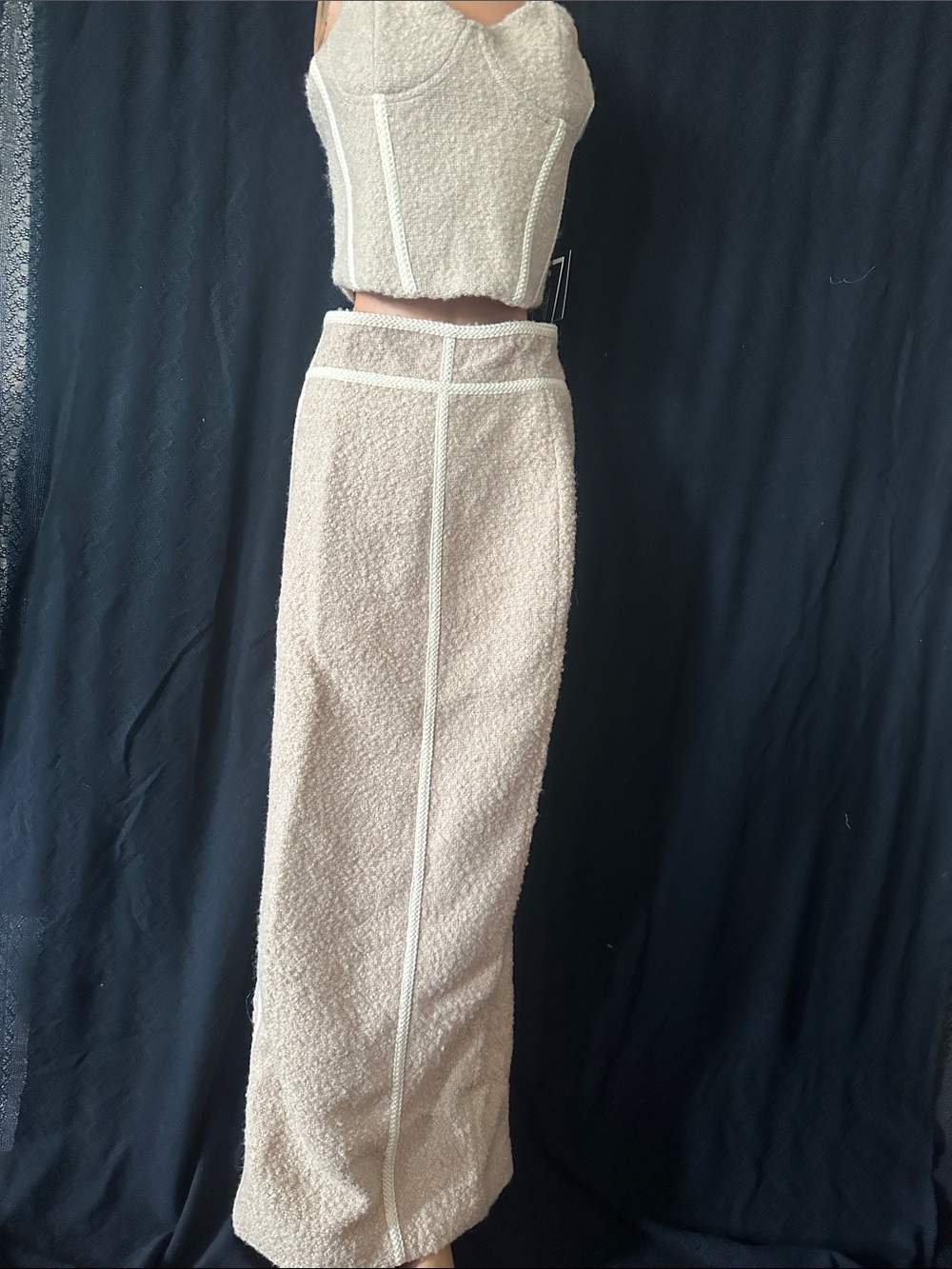 JLUXLABEL Cream Bouclé Maxi Skirt with White Trim